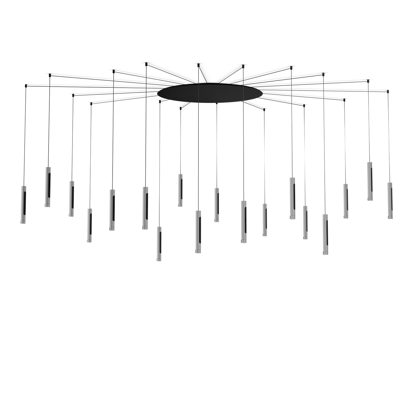 Ca 20 Occhio Coro in weiss in einem Kreis angeordnete Hängeleuchten bzw. Downlight freigestellt auf weissem Hintergrund