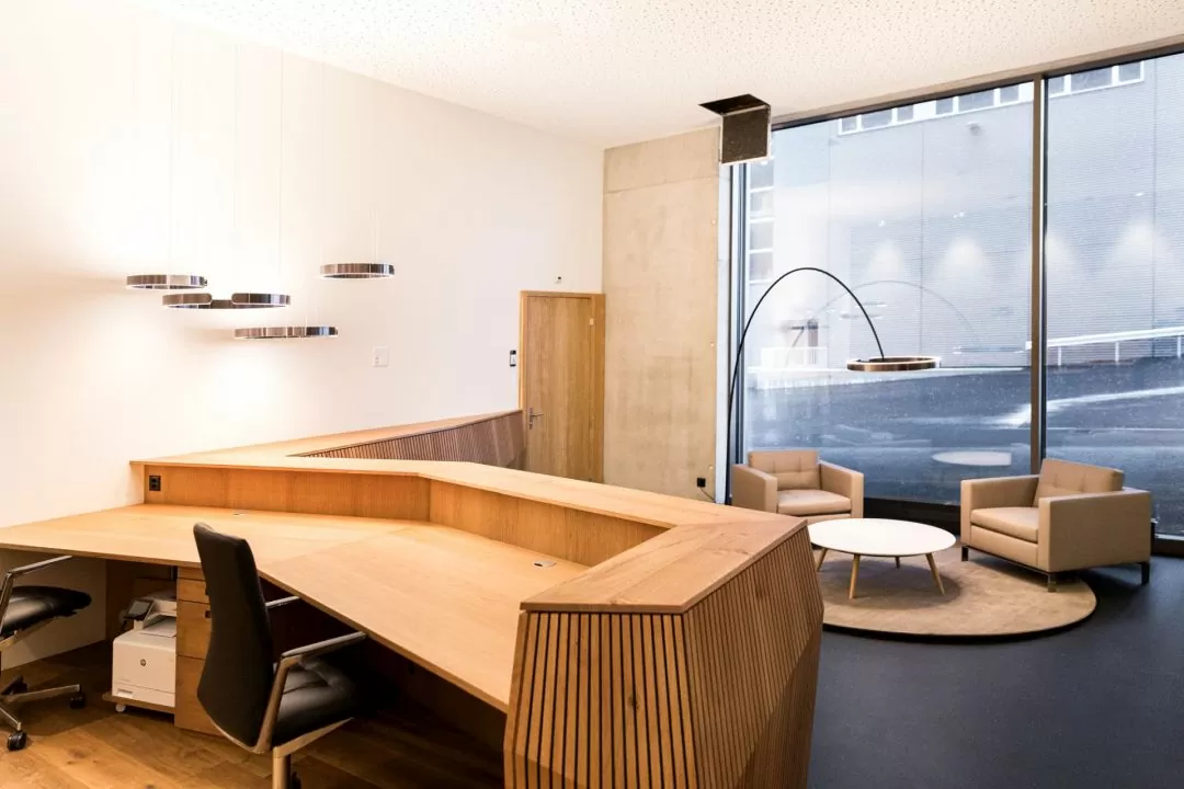 Thomas Sutter AG Gewerbehaus St. Gallen Empfang mit zwei Polstersesseln und Beleuchtung mit Occhio mito sospeso und mito largo